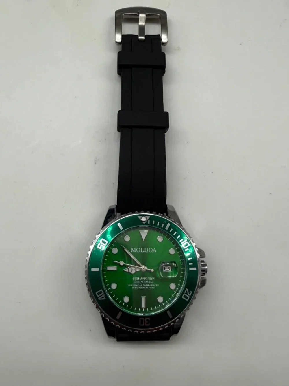 MOLDOA DIVER MENS GREEN 43MM AUTOMATIC DATE STEEL RUBBER BAND WATCH NIB